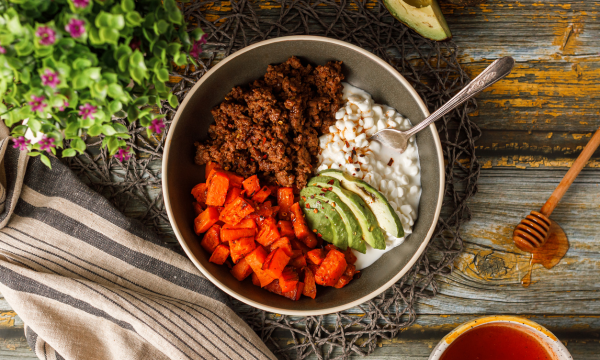 Hot Honey Sweet Potato and Ground Beef Power bowls
