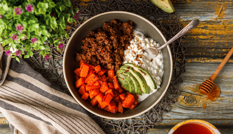 Hot Honey Sweet Potato and Ground Beef Power bowls