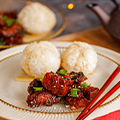 Sticky Soy Garlic Pork Belly and Sweet Mango Rice Balls