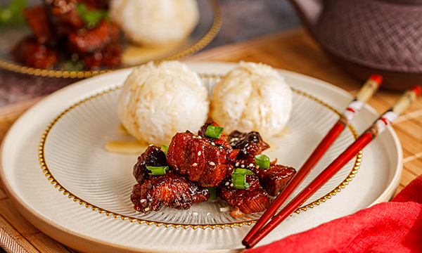 Sticky Soy Garlic Pork Belly and Sweet Mango Rice Balls