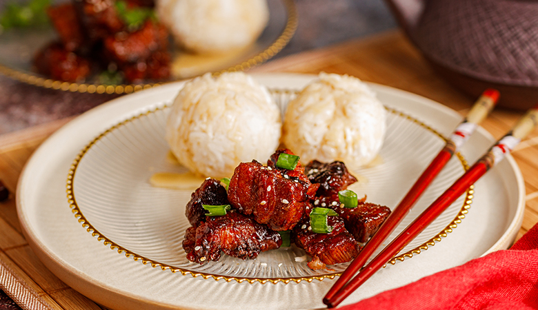 Sticky Soy Garlic Pork Belly and Sweet Mango Rice Balls