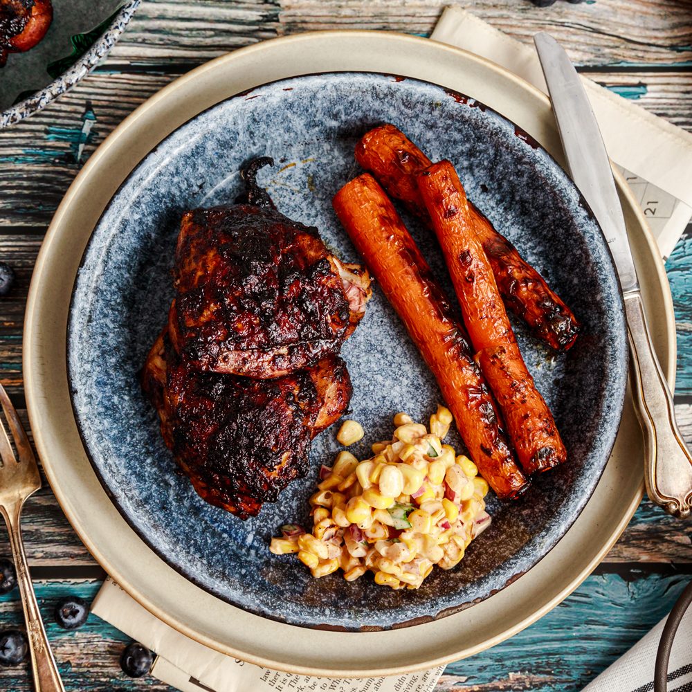 Blueberry BBQ Chicken Thighs and Grilled Carrots