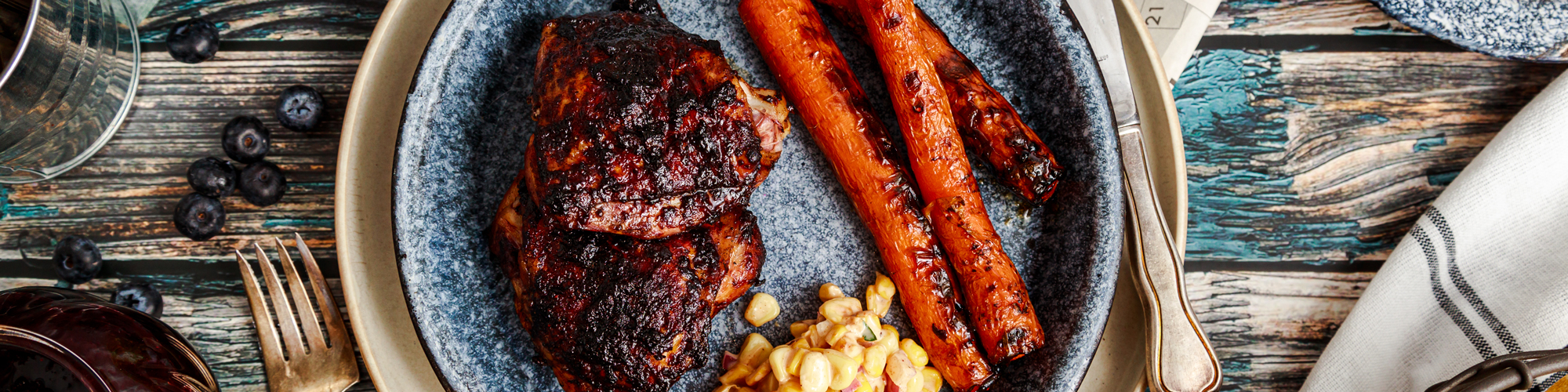 Blueberry BBQ Chicken Thighs and Grilled Carrots