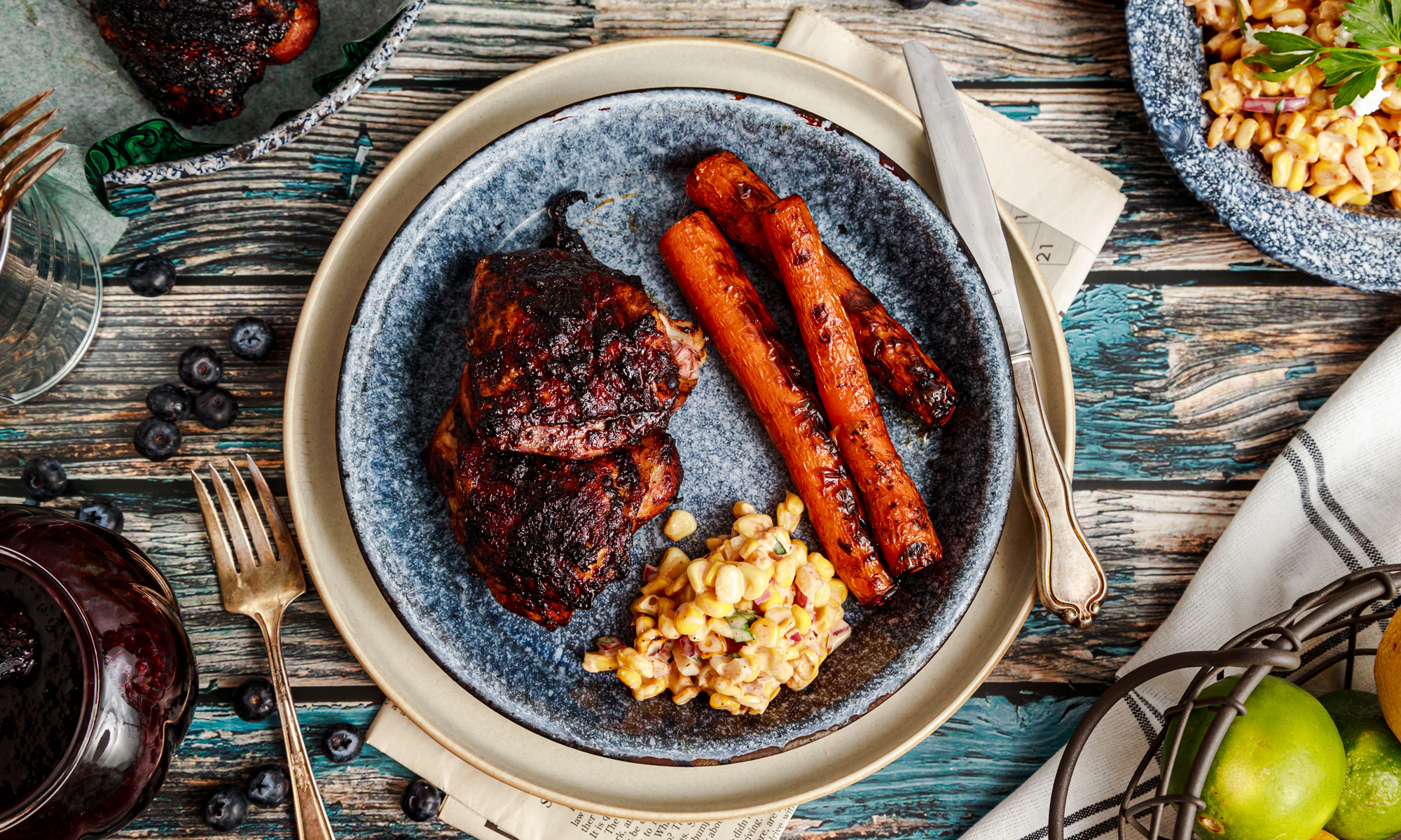 Blueberry BBQ Chicken Thighs and Grilled Carrots