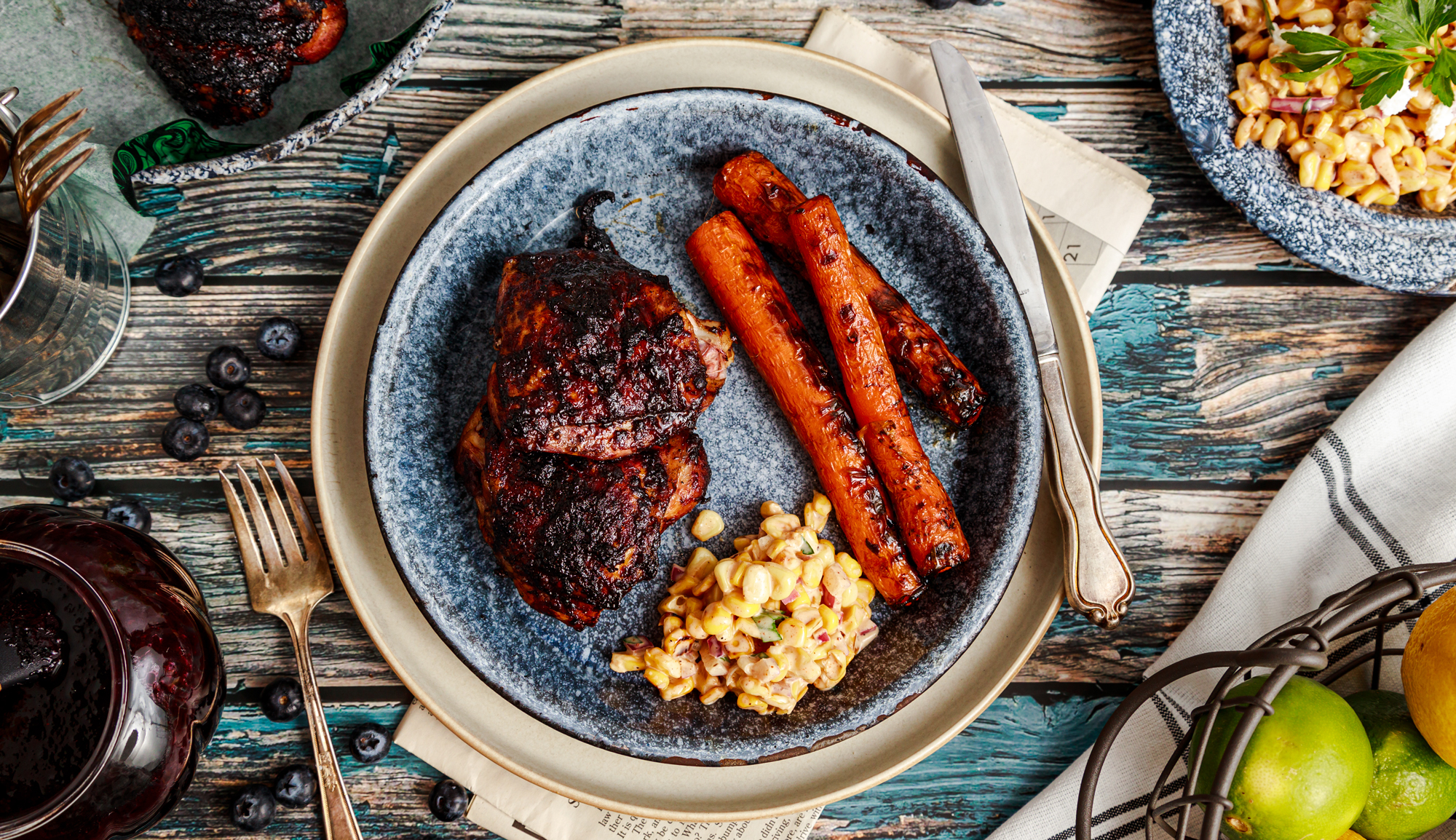 Blueberry BBQ Chicken Thighs and Grilled Carrots