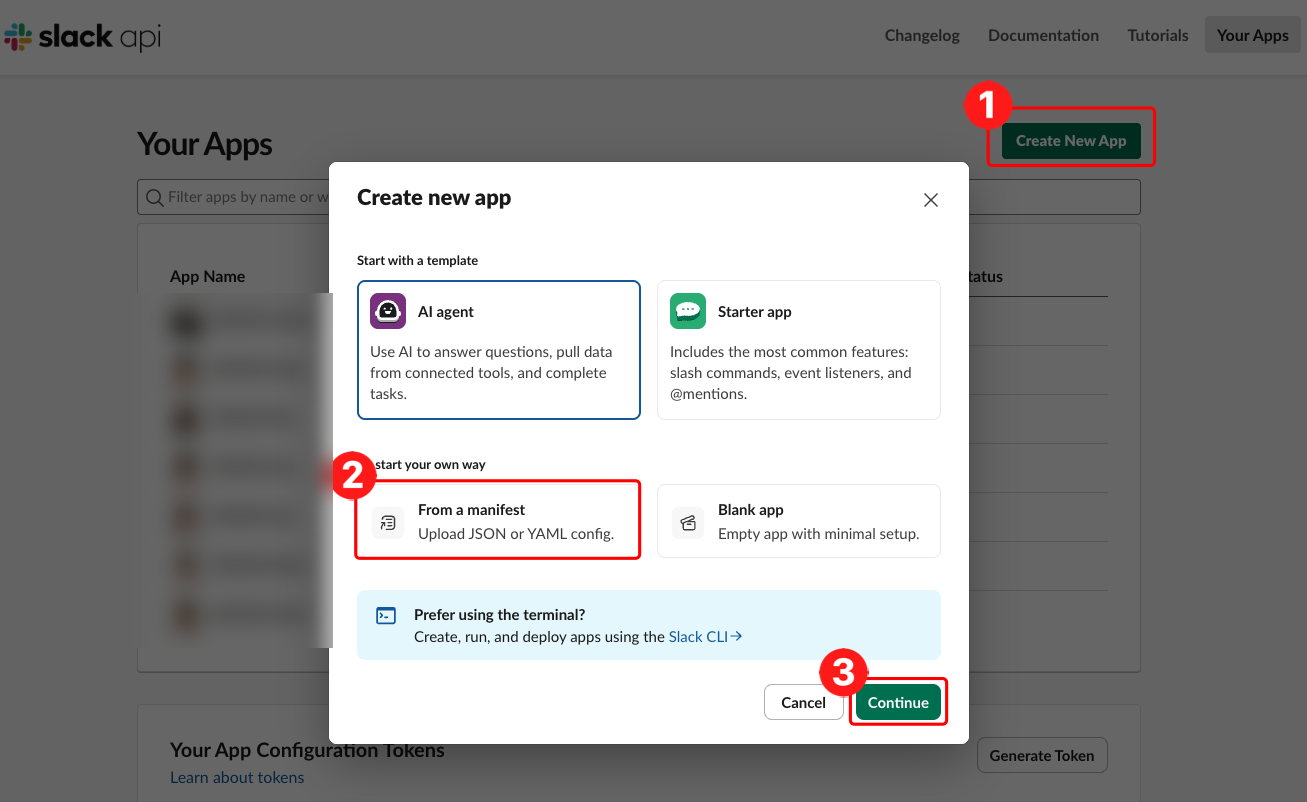 Create New App 버튼과 Create new app 모달에서 From a manifest를 골라 Continue를 누르기까지의 세 걸음