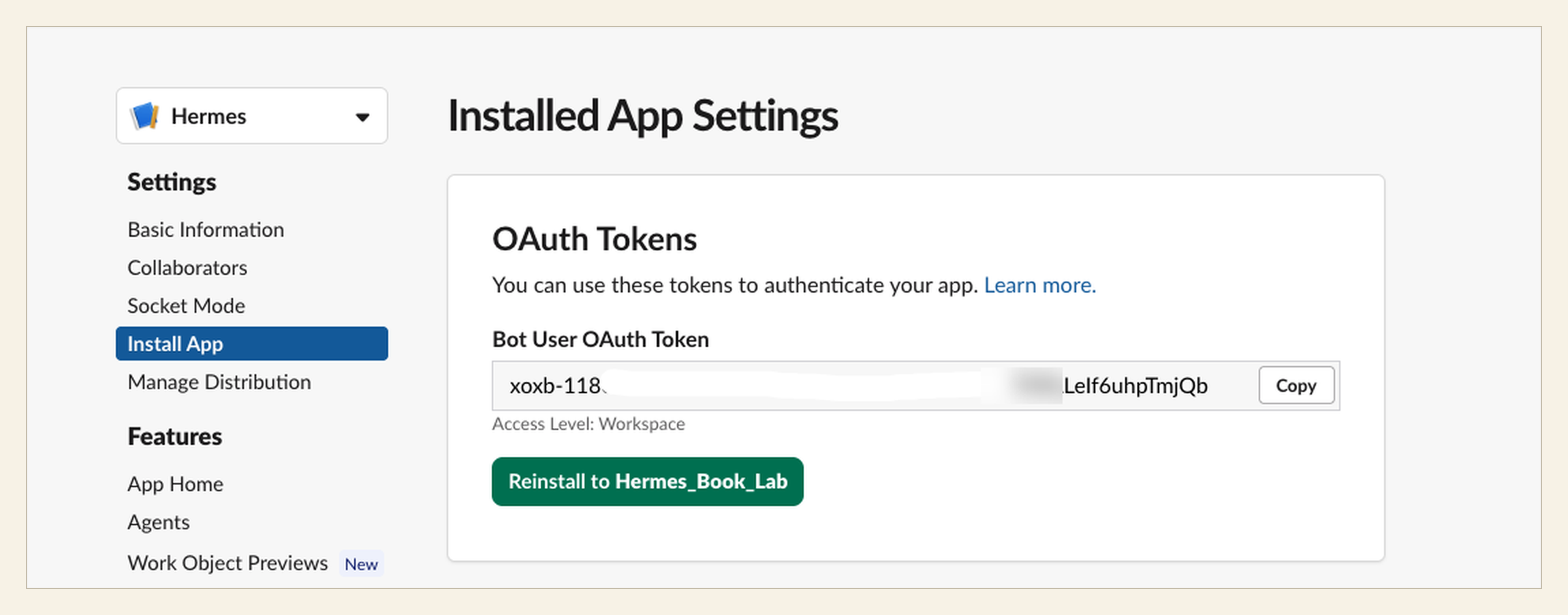 Install App 화면의 Bot User OAuth Token 칸. 왼쪽 메뉴에서 Install App이 선택된 상태