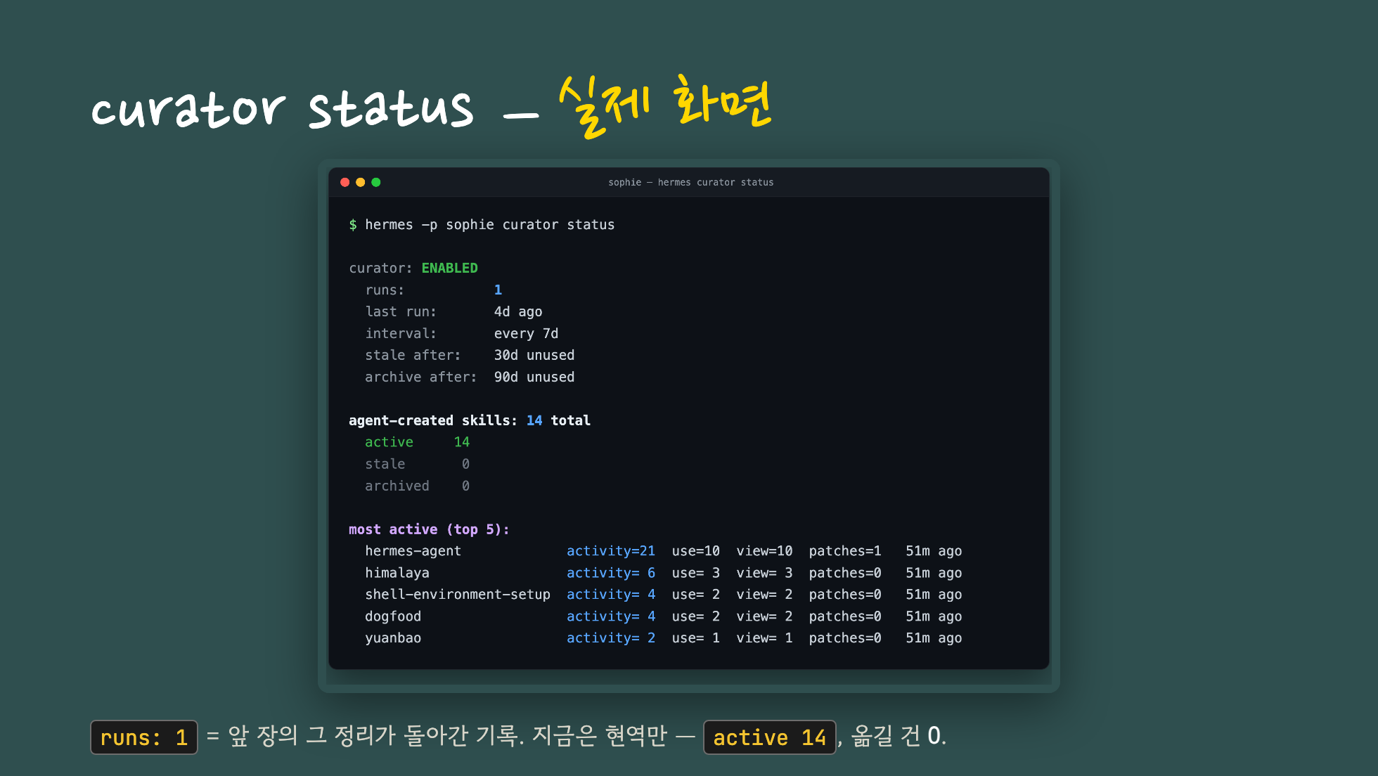 curator status 실제 화면 — active 14개, runs 1, most-active 목록
