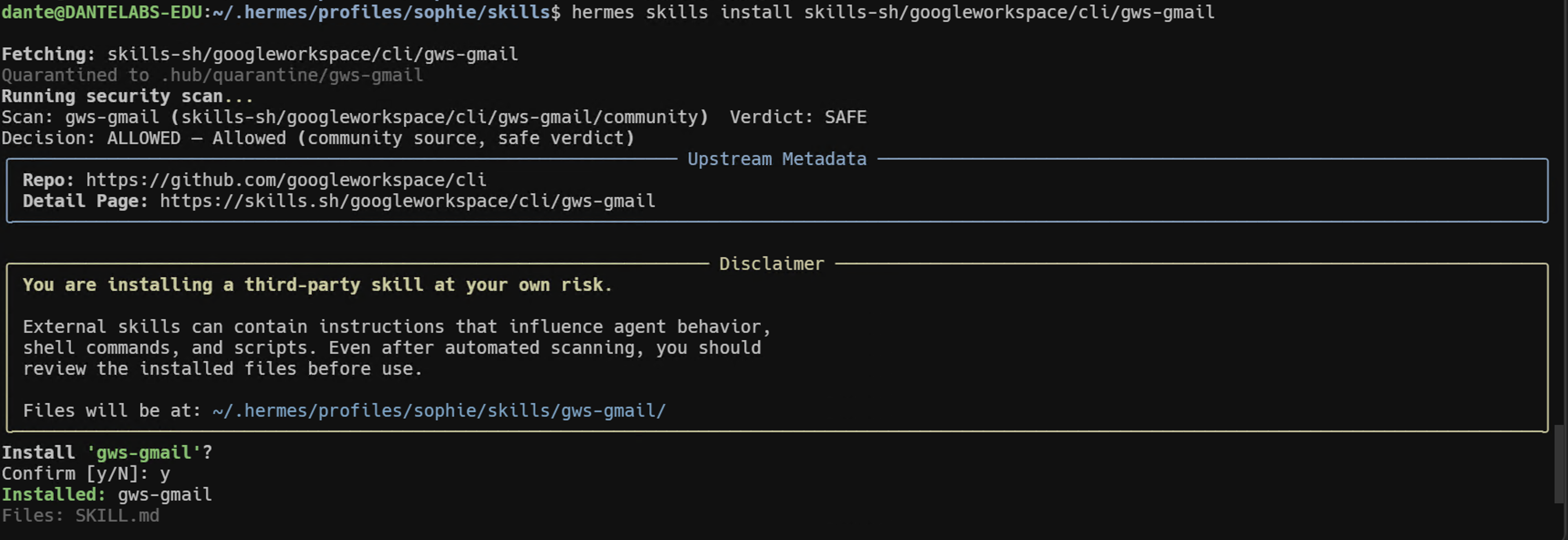 hermes skills install 실행 화면. 격리(quarantine) 후 보안 스캔이 자동으로 돌아 Verdict: SAFE, Decision: ALLOWED가 표시되고, 서드파티 스킬 주의 문구와 함께 설치 확인 프롬프트에 y를 입력해 설치가 끝난 모습