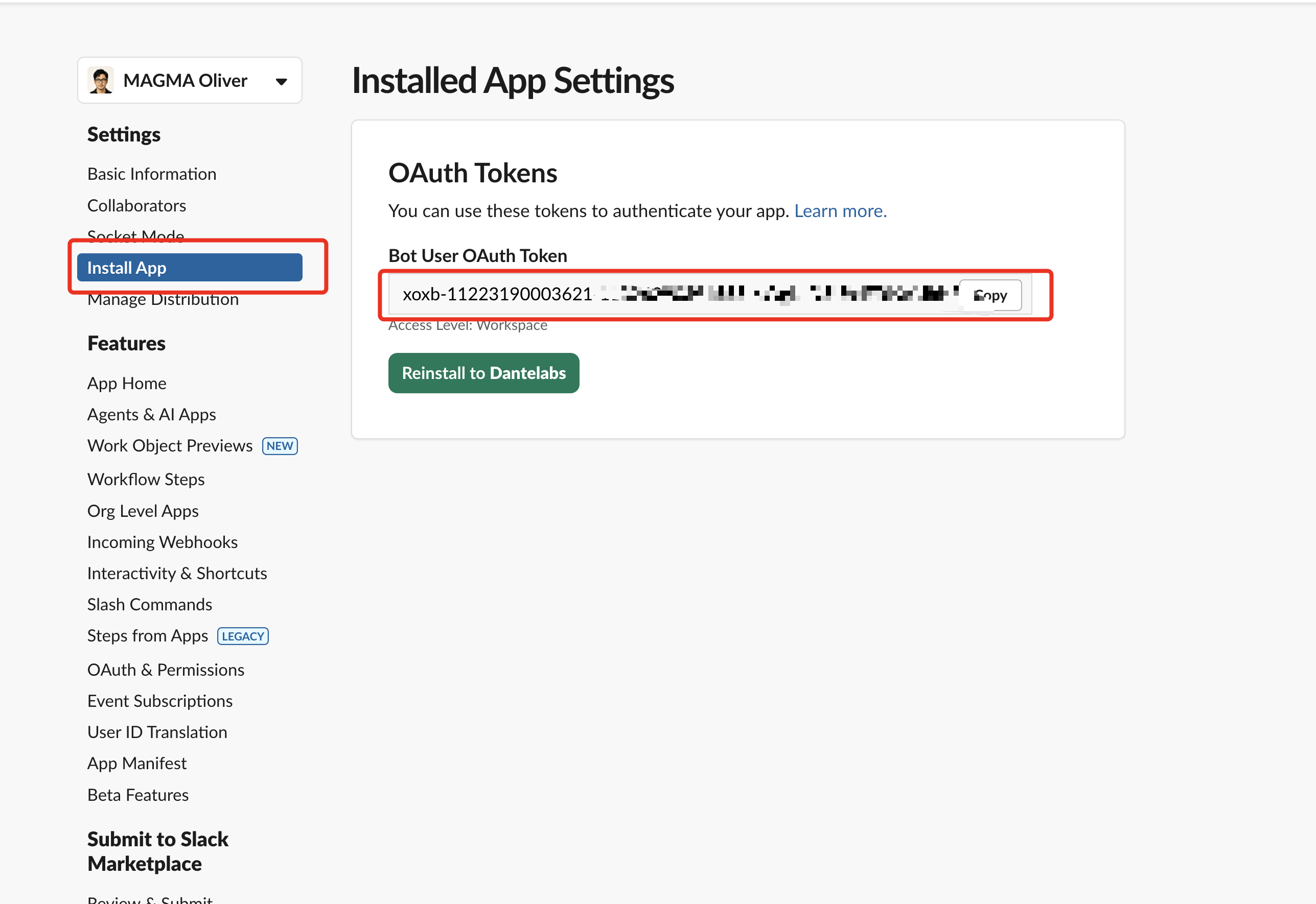 슬랙 Install App 화면의 OAuth Tokens. Bot User OAuth Token이 xoxb로 시작하고 옆에 Copy 버튼, 아래에 Reinstall 버튼이 있는 화면