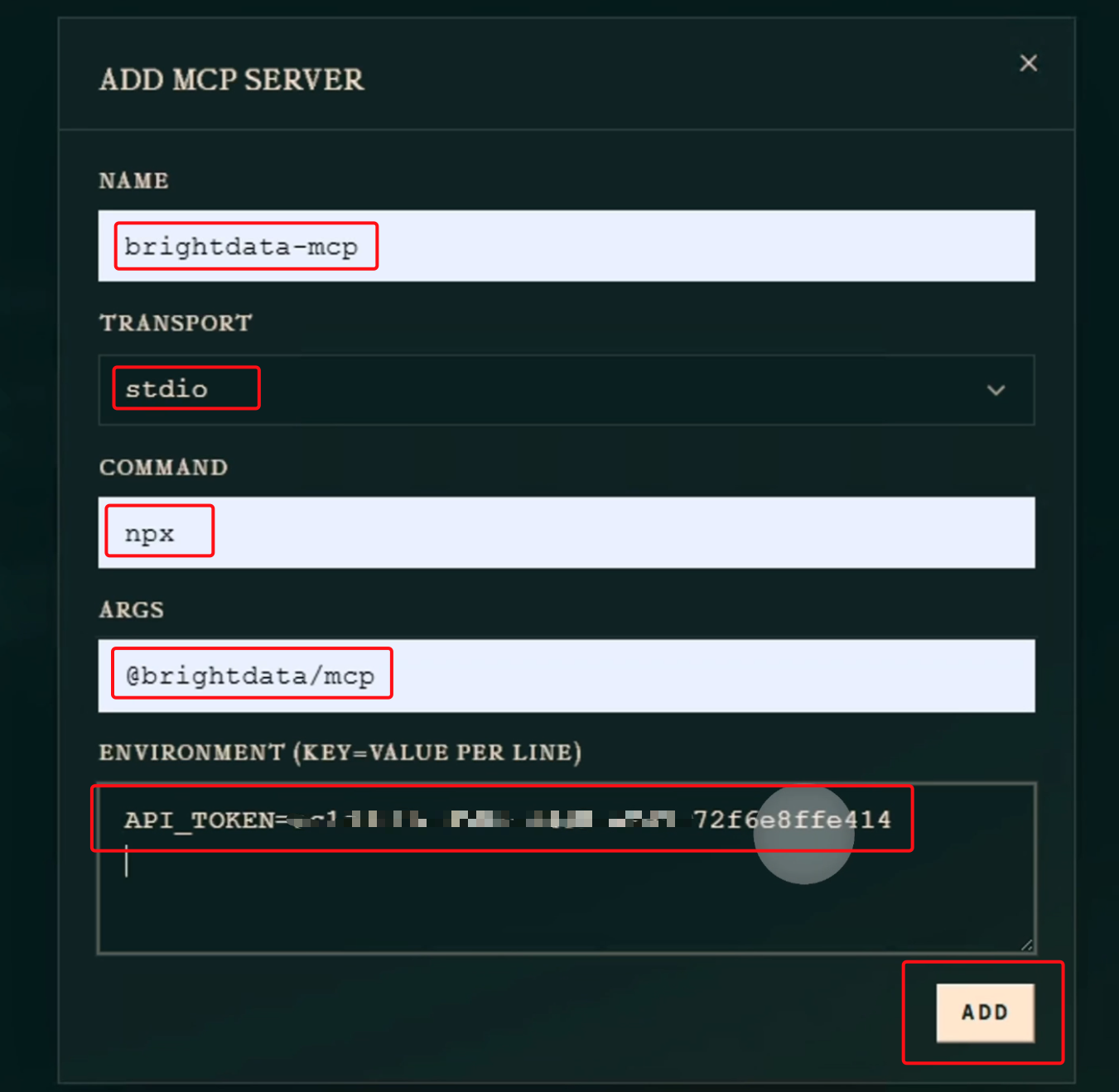 Add MCP Server 폼에 stdio 방식으로 npx와 args, API_TOKEN을 입력한 모습