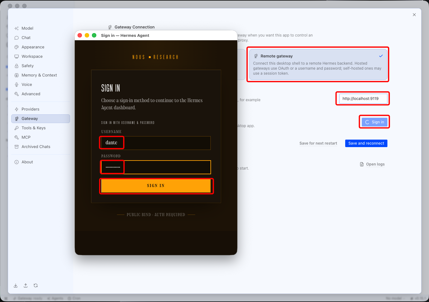 데스크톱 Settings의 Gateway에서 Remote gateway 선택, Remote URL 입력 후 Sign in 버튼을 눌러 로그인 창을 연 화면