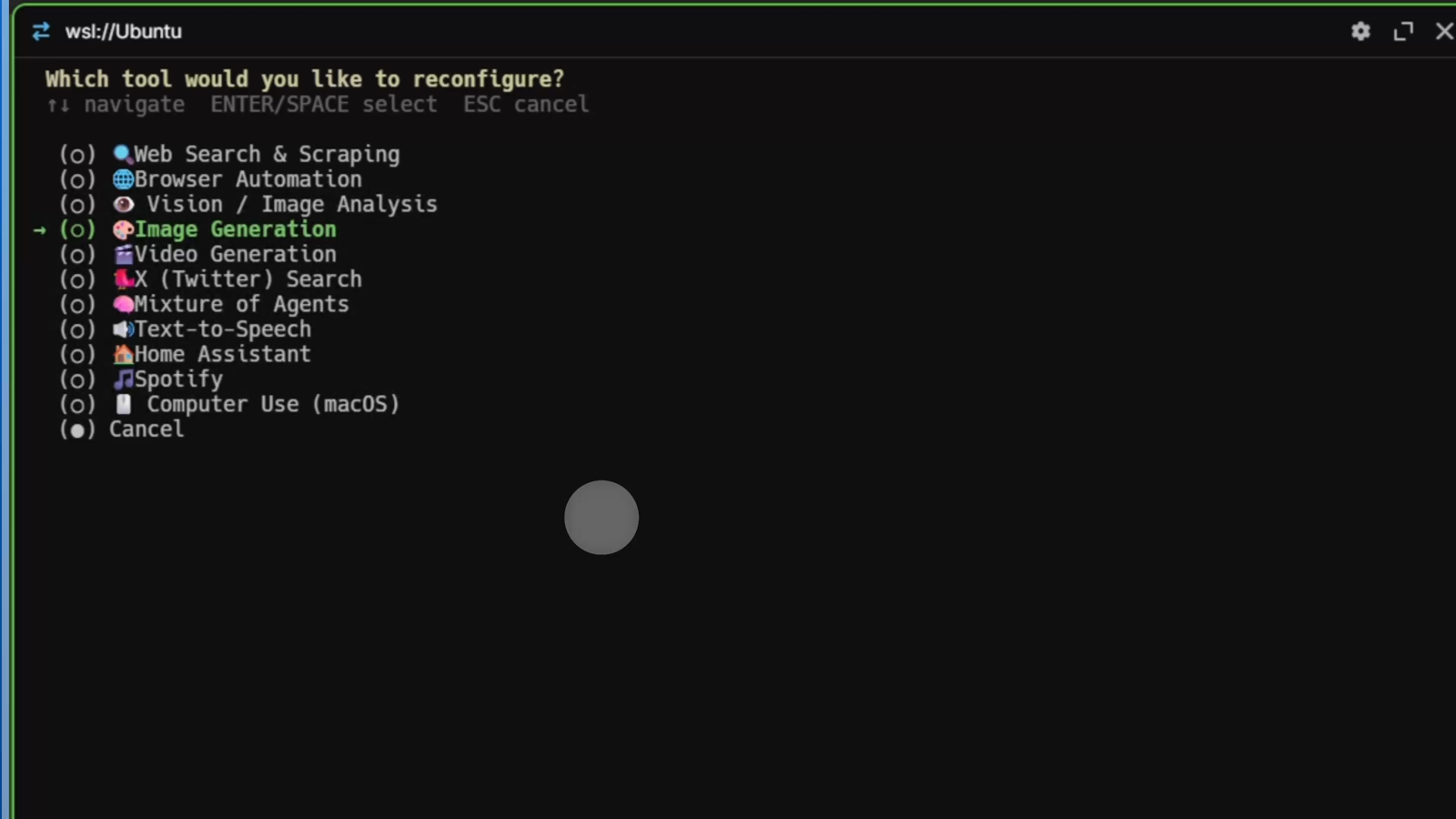 hermes -p mia setup tools 마법사의 이미지 프로바이더 선택 화면에서 "OpenAI (Codex auth) (Free)" 항목을 고르는 터미널 화면.