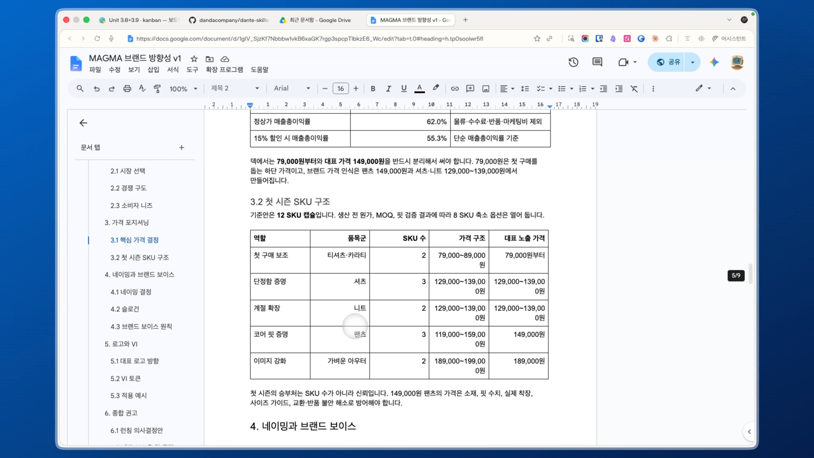 Google Docs로 발행된 MAGMA 브랜드 방향성 문서 — 마크다운 기호 없이 제목·표·목록이 서식으로 살아 있다