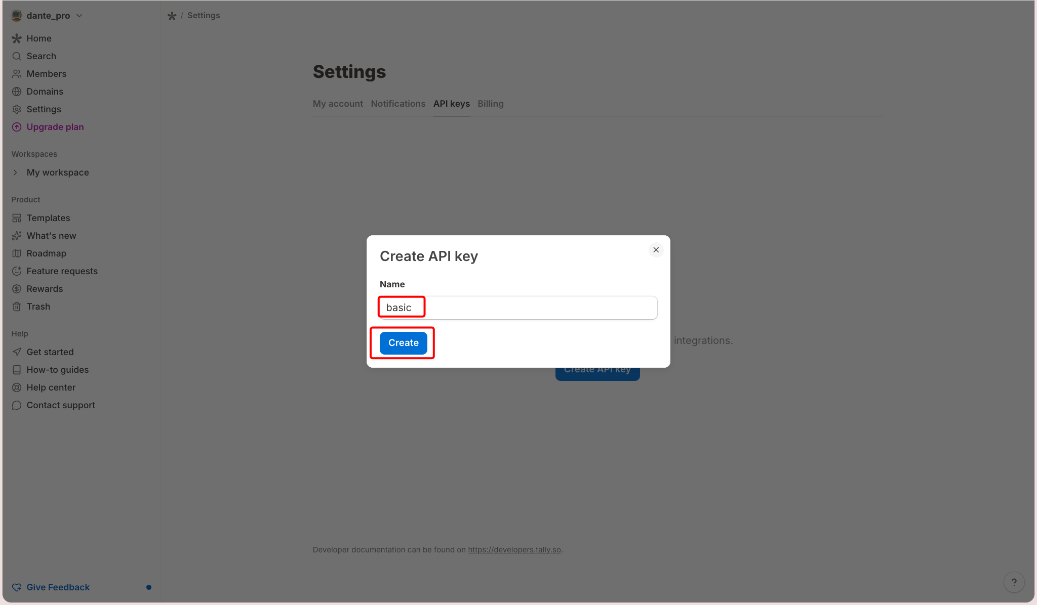 Create API key 창에서 이름을 적고 Create를 누르는 모습