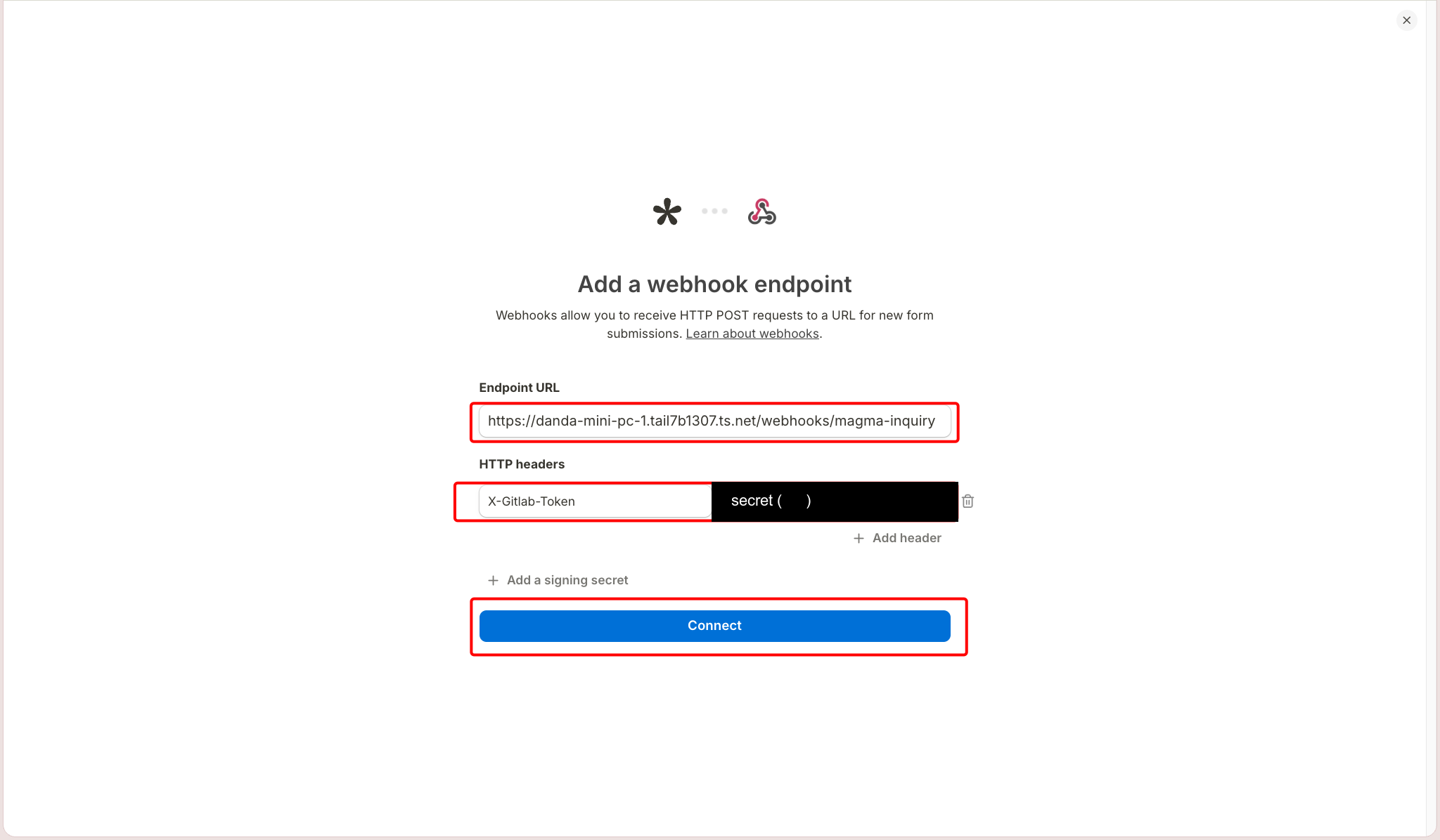 Add a webhook endpoint 창 — Endpoint URL과 X-Gitlab-Token 헤더 입력 후 Connect