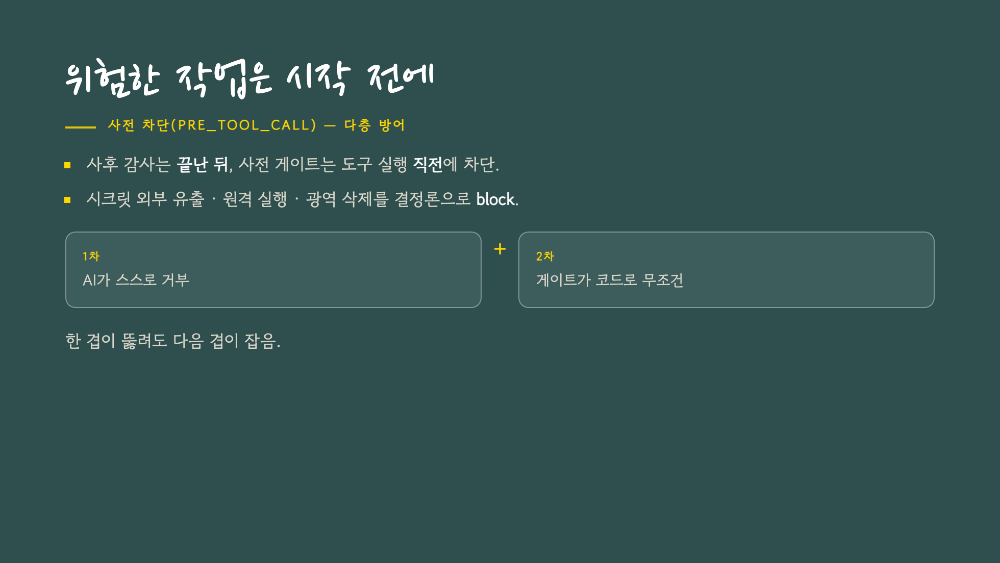 사전 차단 게이트 + 다층 방어