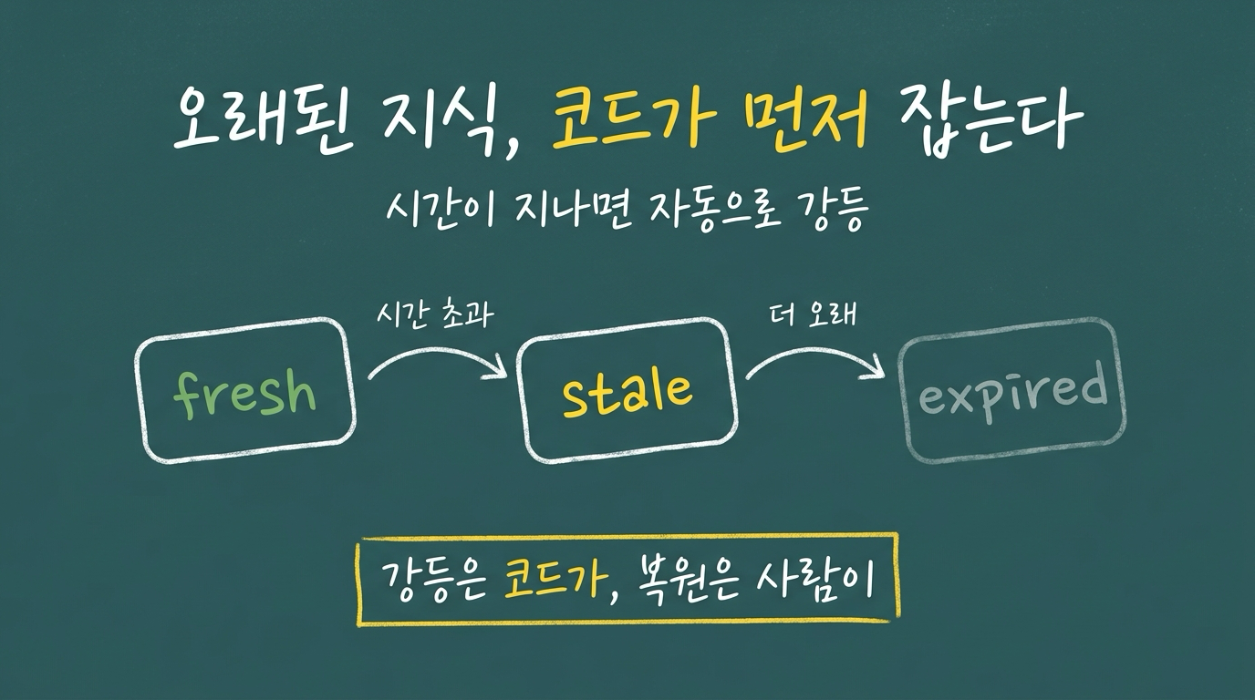 오래된 지식, 코드가 먼저 잡는다 — fresh에서 stale·expired로 자동 강등, 강등은 코드가 복원은 사람이