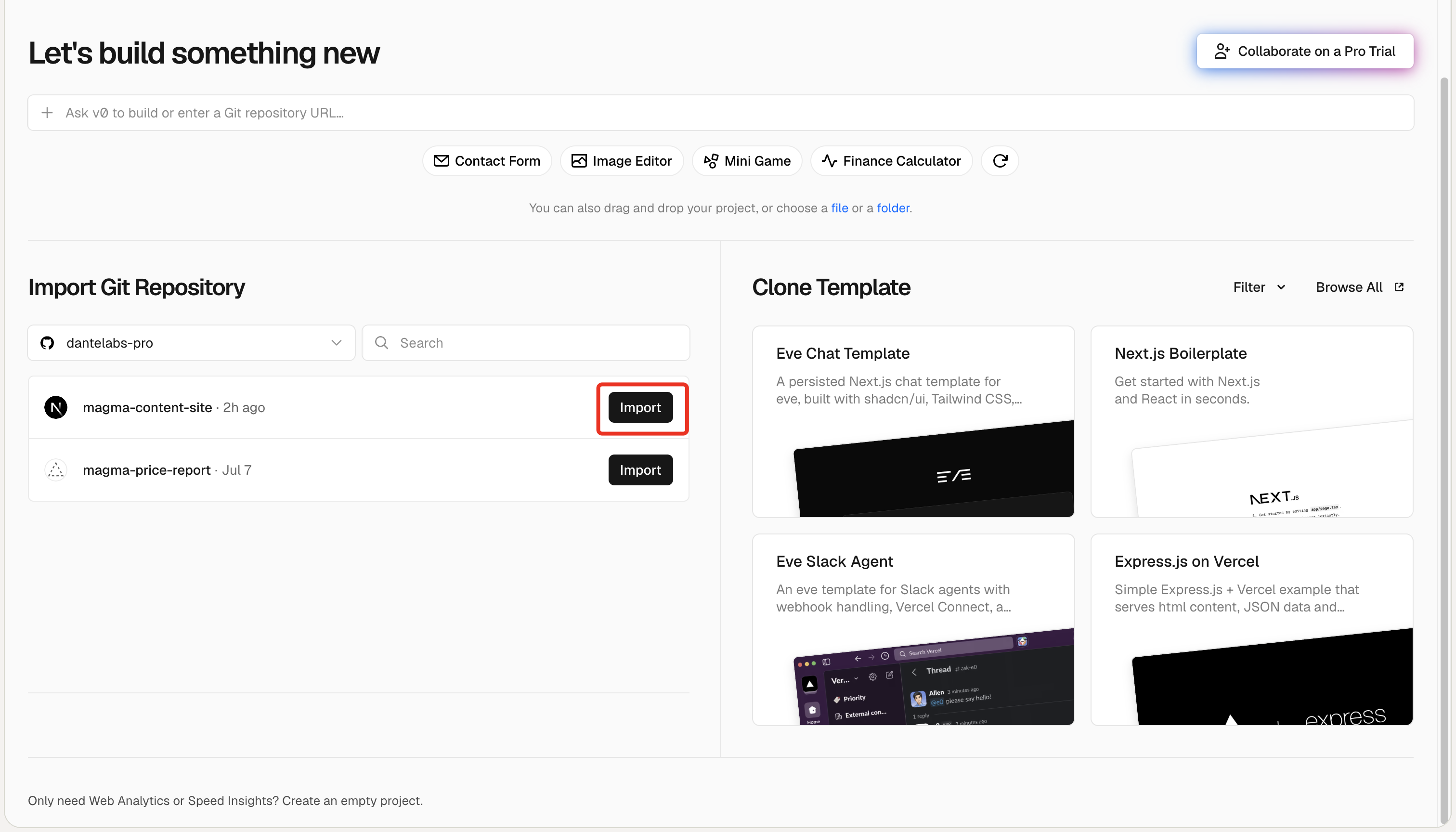 Vercel의 Import Git Repository 목록에서 magma-content-site 저장소의 Import 버튼을 누르는 화면