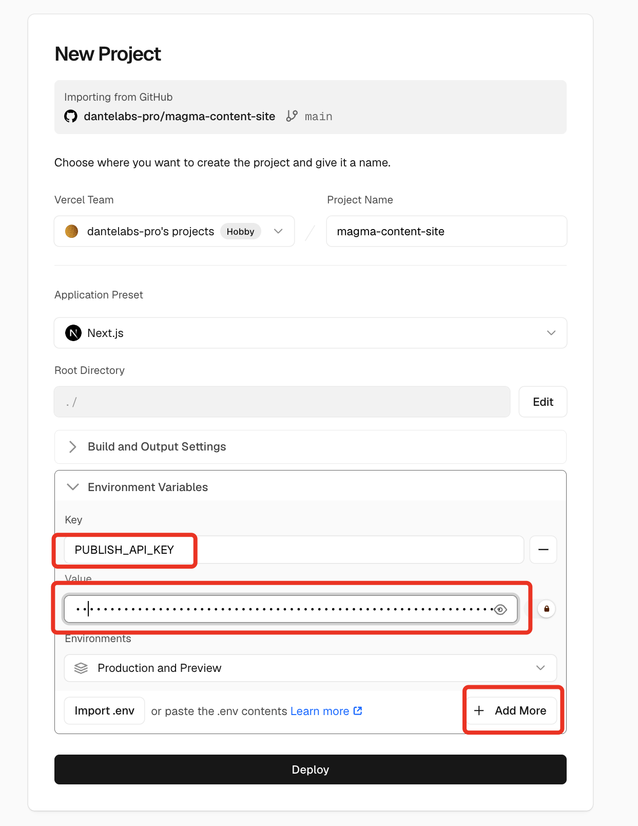 Vercel New Project 화면에서 PUBLISH_API_KEY 환경변수의 이름과 값을 입력하고 Add More 버튼으로 변수를 추가하는 화면