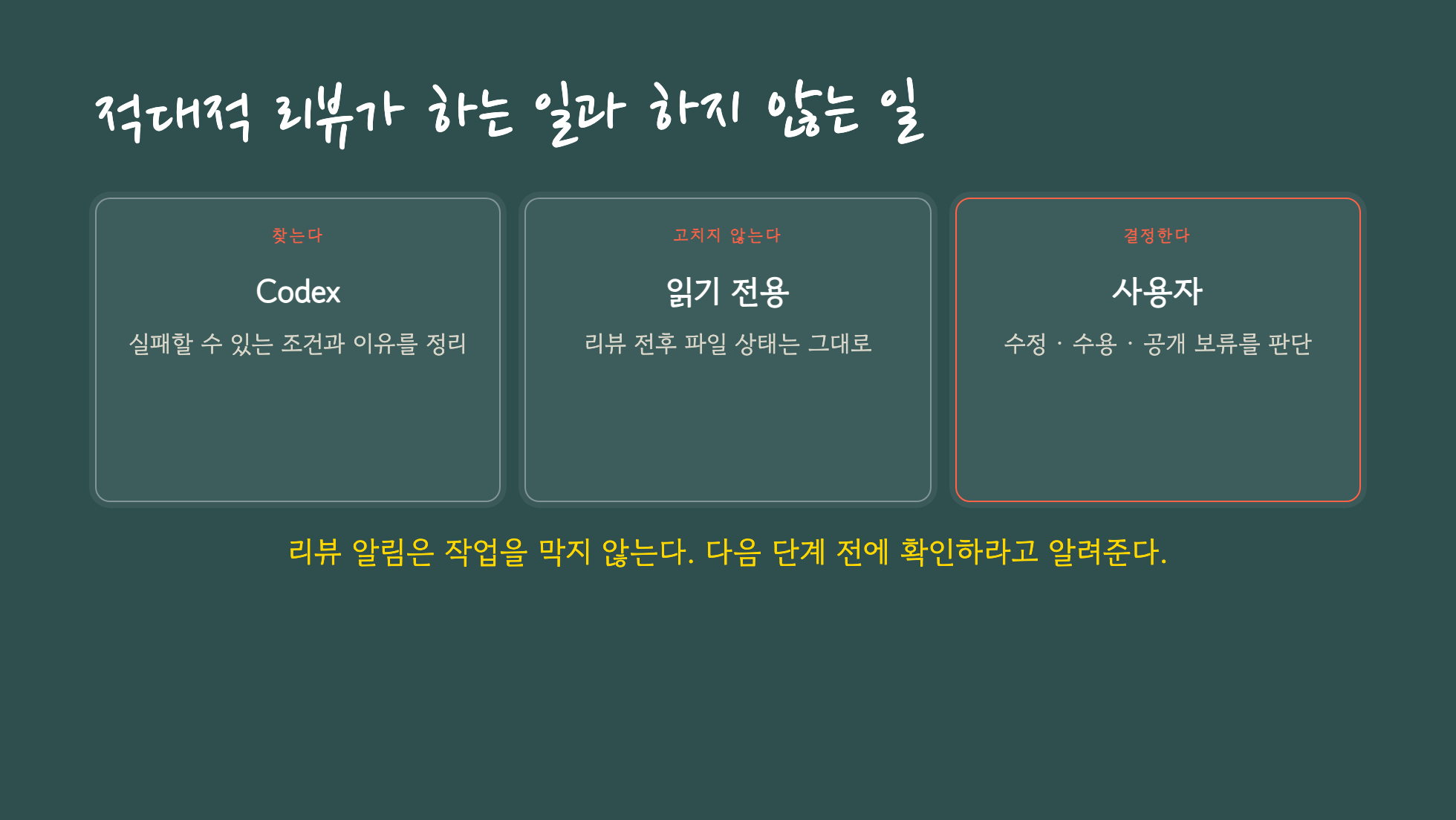 Codex는 위험을 찾고 파일은 고치지 않으며 사용자가 최종 결정하는 구조