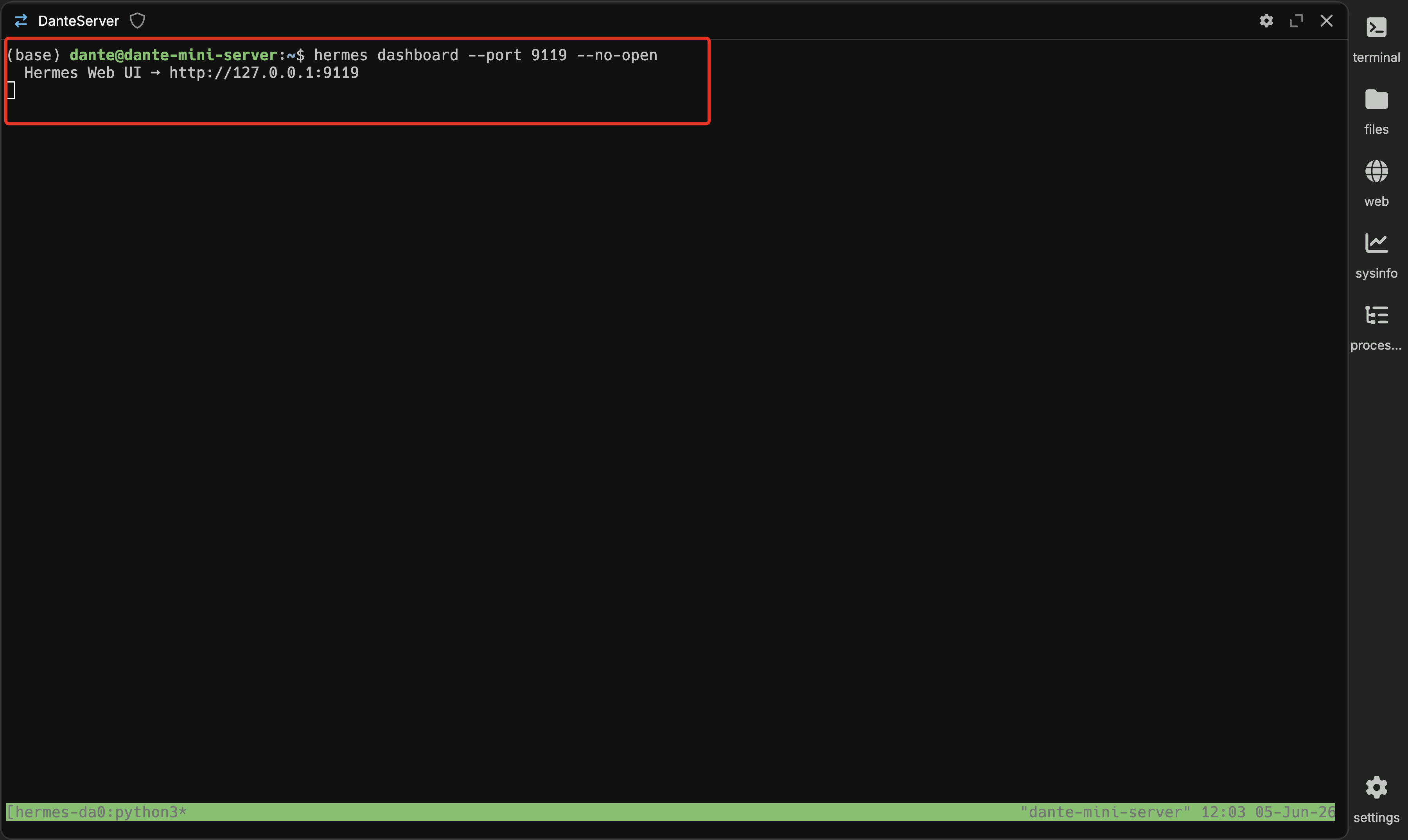 Wave 터미널의 tmux 세션에서 hermes dashboard --port 9119 --no-open 을 실행해 Hermes Web UI 주소 http://127.0.0.1:9119 가 출력된 화면