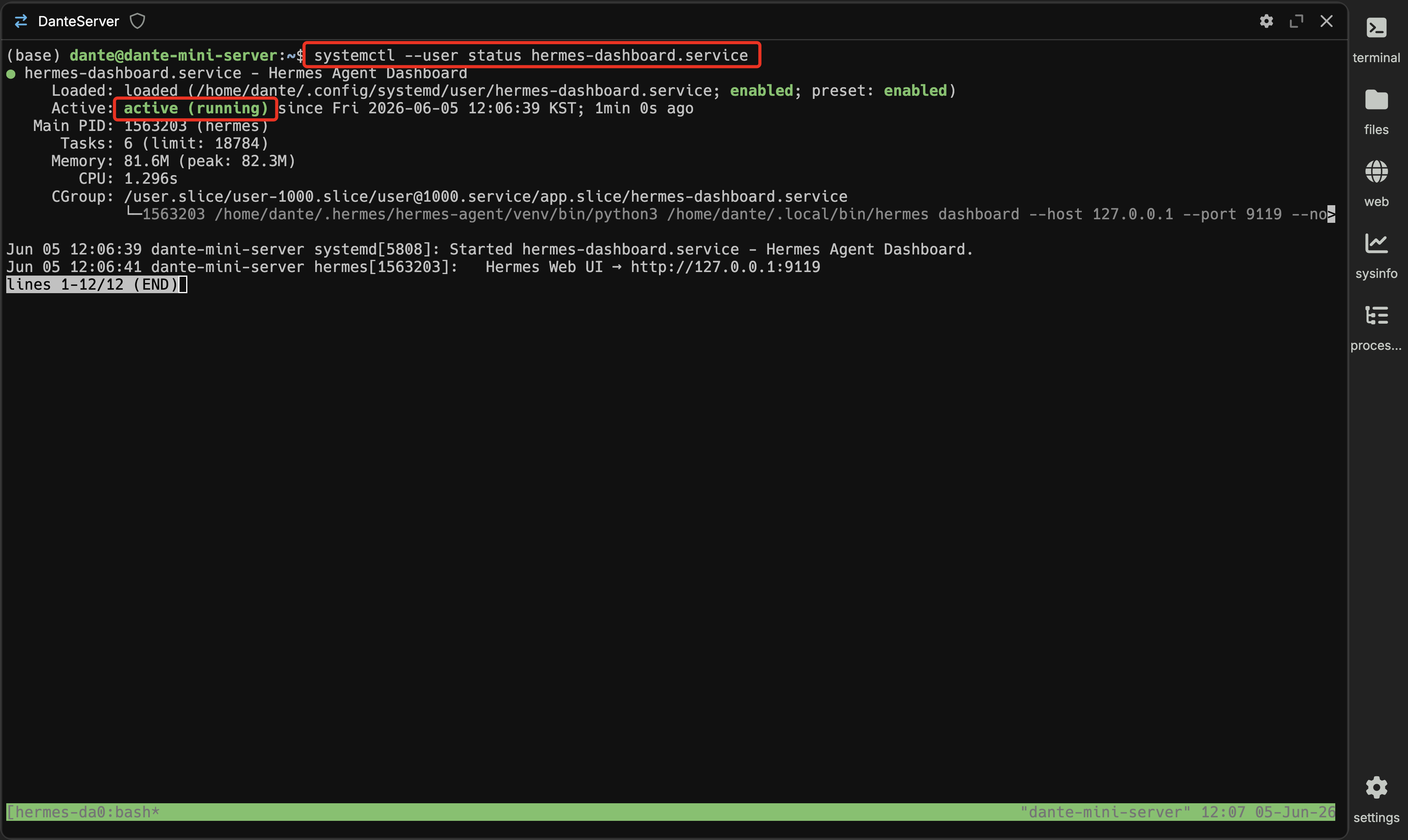 systemctl --user status hermes-dashboard.service 실행 결과. Active 줄에 active (running) 이 초록색으로, Loaded 줄에 enabled 가 표시된 화면