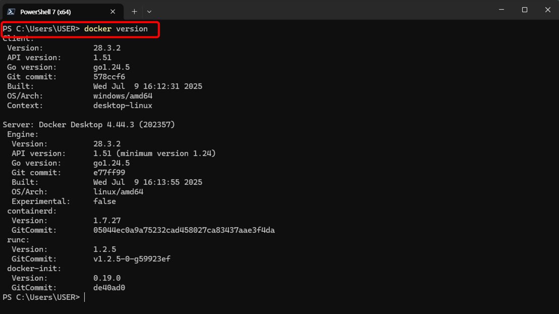 docker version 명령 결과 화면