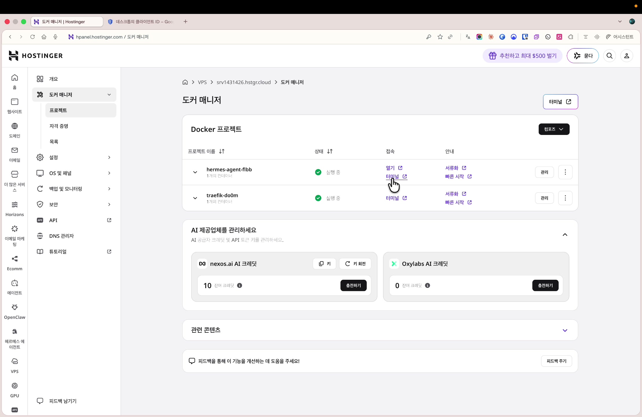 Hostinger 도커 매니저에서 터미널 열기
