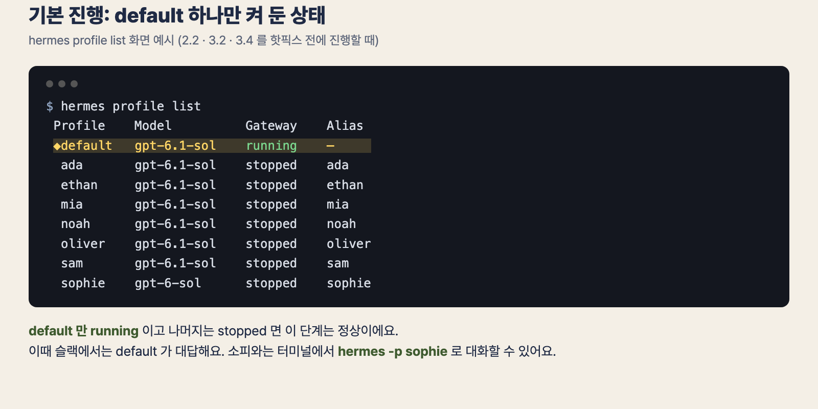 hermes profile list 화면 예시: default 만 running, 나머지 직원은 stopped