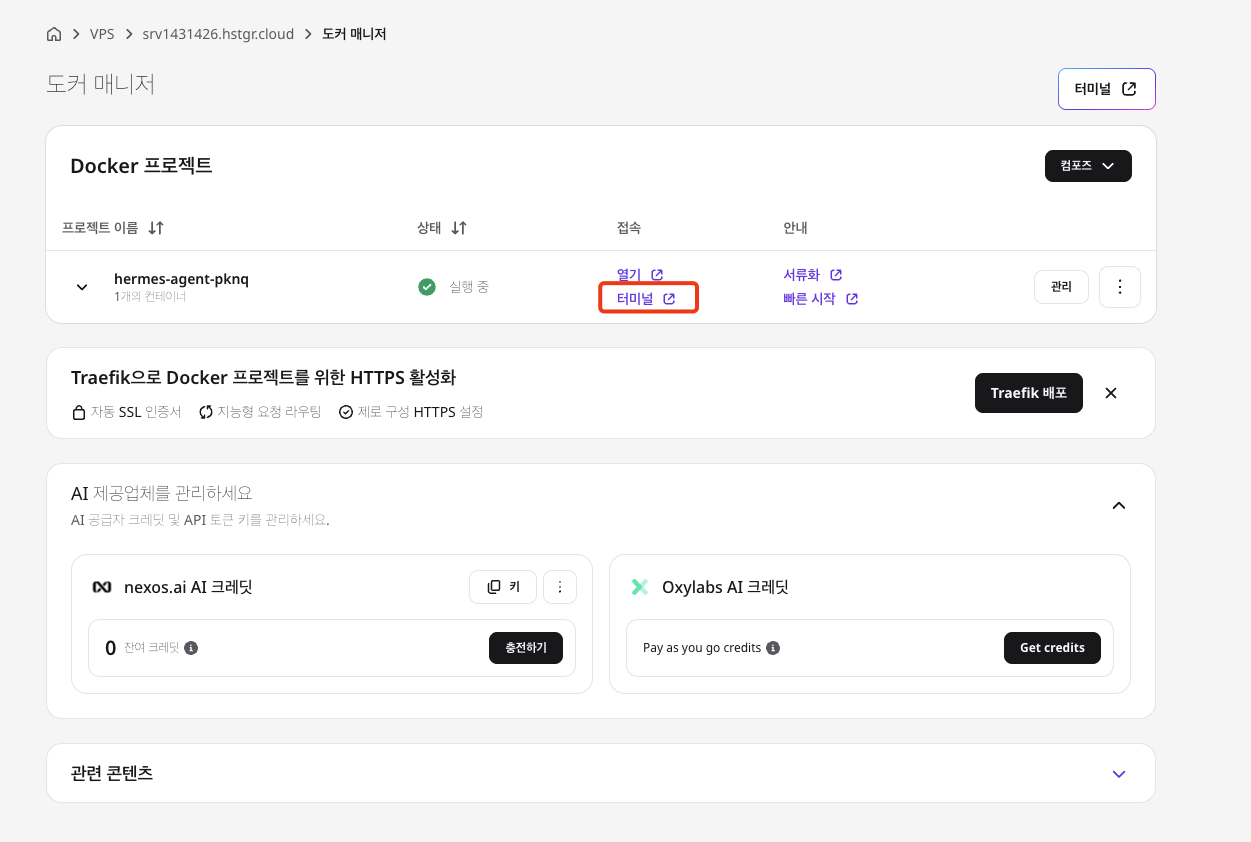 Hostinger Docker Manager에서 Hermes 컨테이너 터미널을 여는 위치