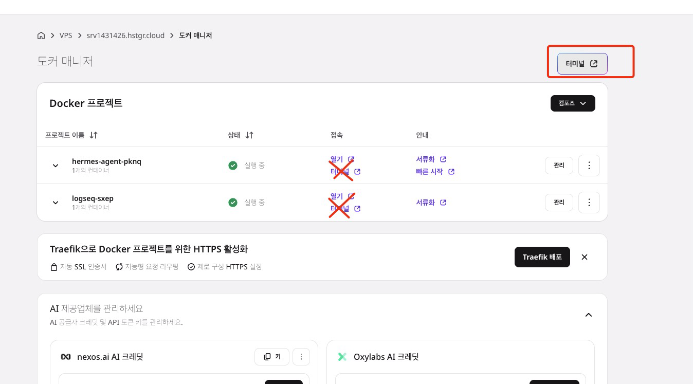 Hostinger Docker Manager에서 VPS 호스트 터미널을 여는 위치