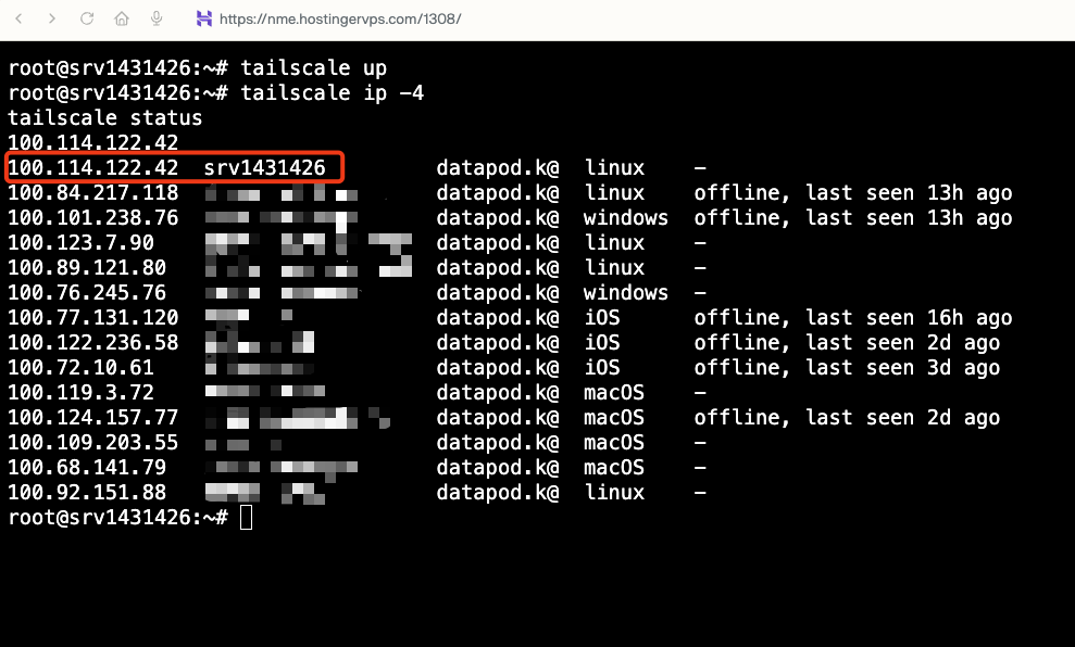 VPS host 터미널에서 tailscale up, tailscale ip -4, tailscale status를 실행한 화면. tailscale ip -4가 출력한 100.114.122.42와, status 목록에서 VPS 자신인 srv1431426 행의 같은 IP가 빨간 테두리로 강조되어 있다.