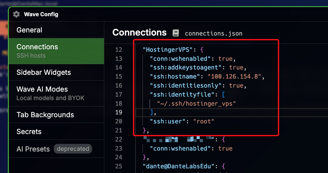 Wave Config의 Connections 화면에서 connections.json을 편집하는 모습. HostingerVPS 연결 항목의 conn:wshenabled, ssh:hostname, ssh:identityfile, ssh:user 필드가 빨간 테두리로 강조되어 있다.