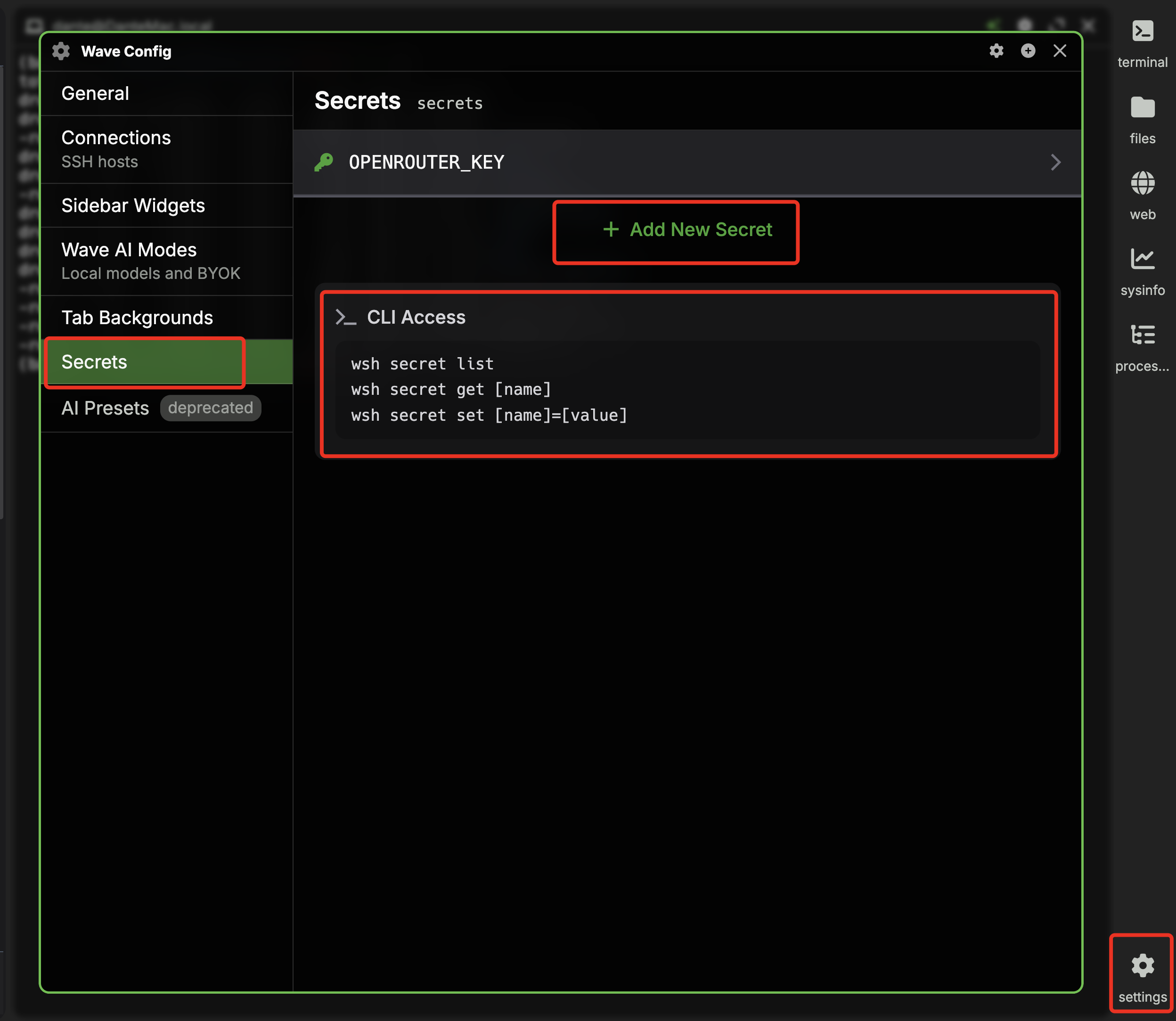 Wave Config 의 Secrets 탭에서 OPENROUTER_KEY 가 등록된 모습과 CLI Access 영역에  명령 사용법이 표시된 화면