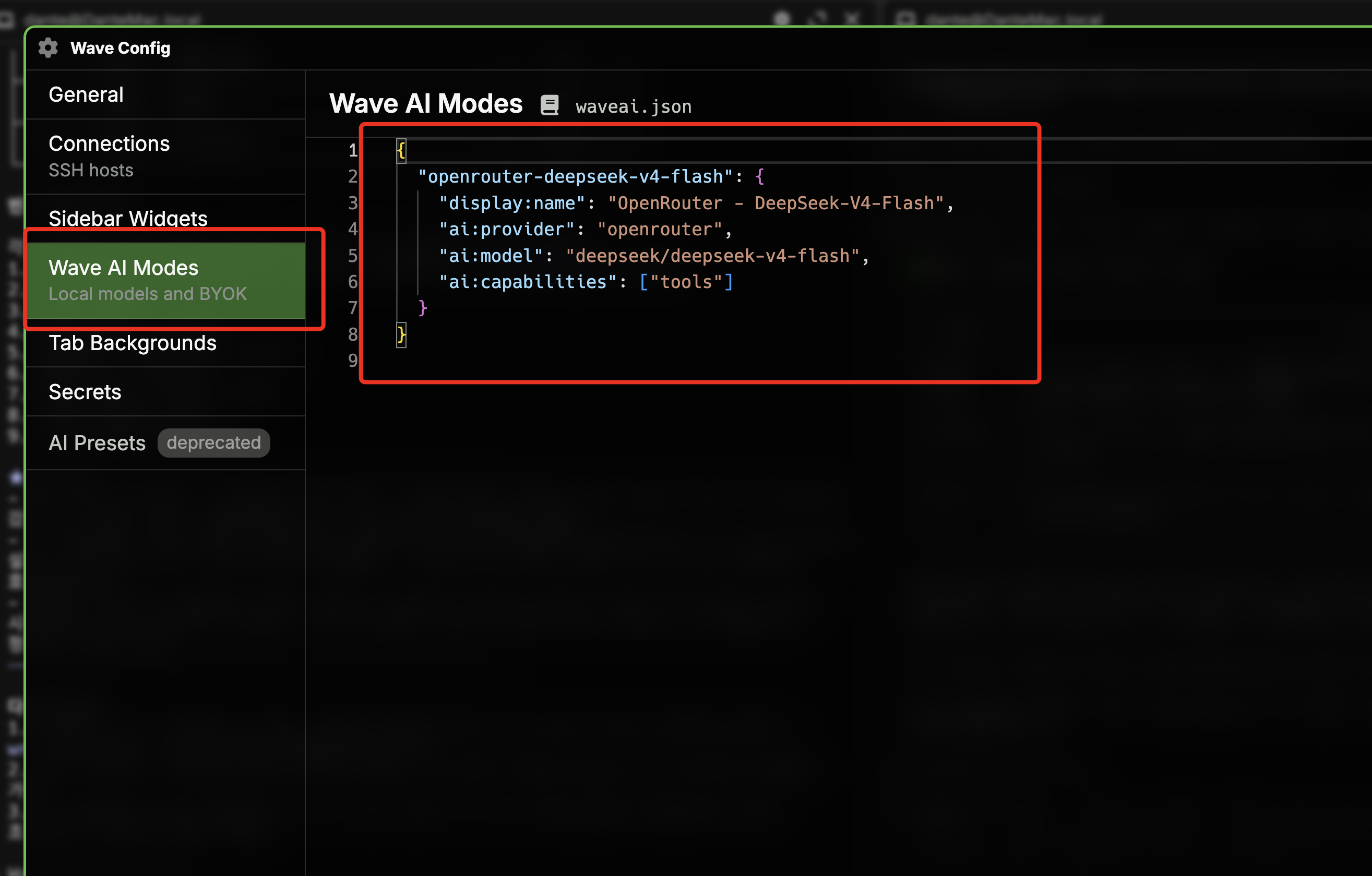 Wave Config 의 Wave AI Modes 탭에서 waveai.json 에 OpenRouter DeepSeek-V4-Flash 모델이 등록된 JSON 편집 화면