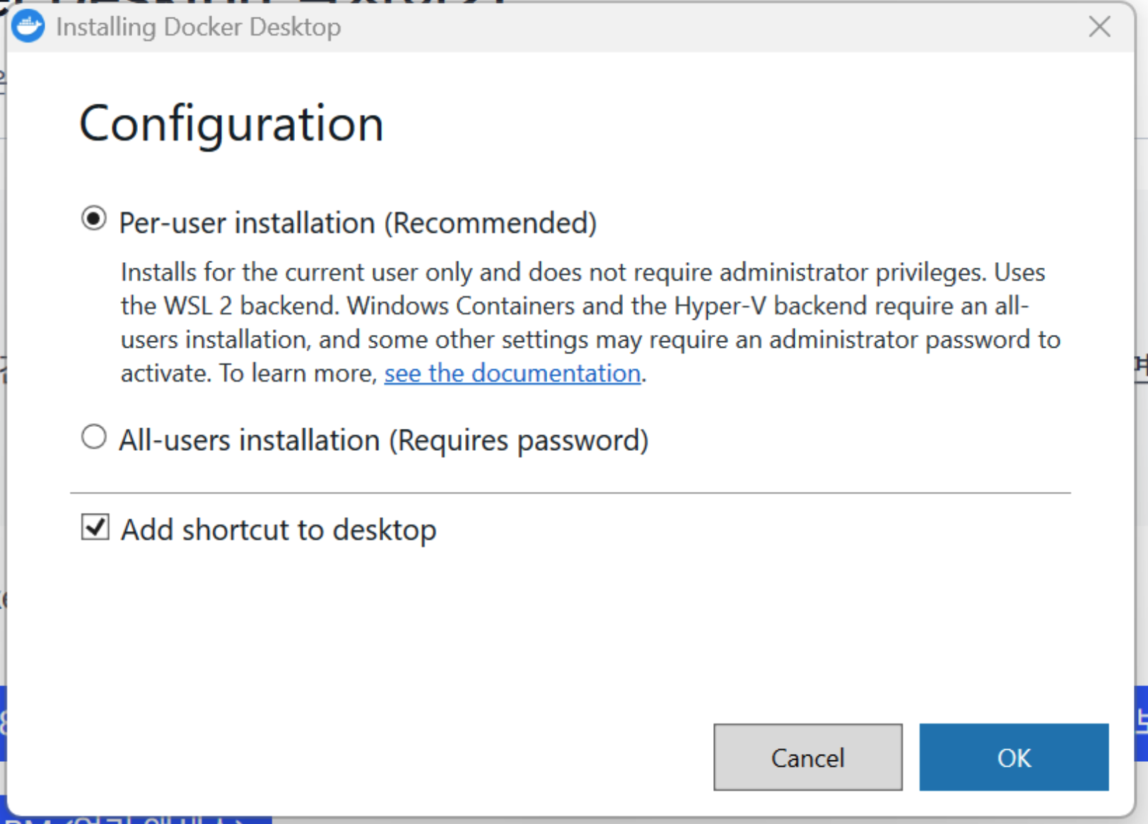 Docker Desktop 설치 Configuration 화면. Per-user installation (Recommended)가 선택되어 있고 Add shortcut to desktop이 체크된 상태