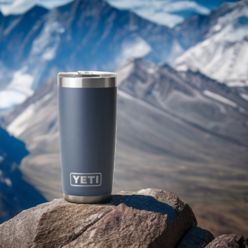 A Yeti thermos mug on a ledge overlooking the Mount Everest. Nikon D850. High quality product photograph 