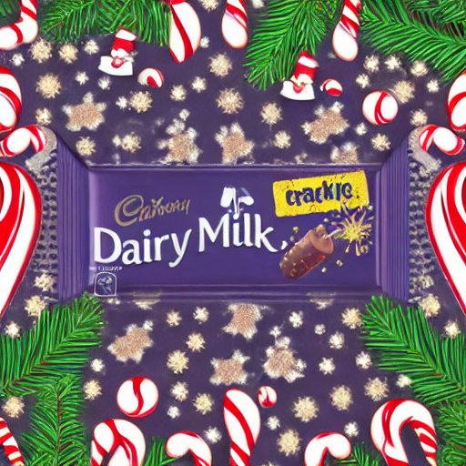 A dairy milk in In a Christmas background with holiday elements, candy cane, holly, mistletoe, snowflake shapes, insanely detailed and intricate, hypermaximalist, elegant, ornate, hyper realistic, super detailed, no text, no watermark