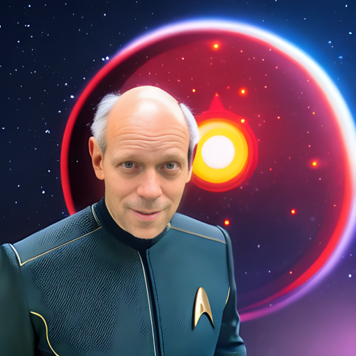 ```Jean Luc Picard from Star Trek, with a super nova in the background, portrait, canon 850d```