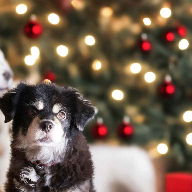 dog in front of a christmas tree