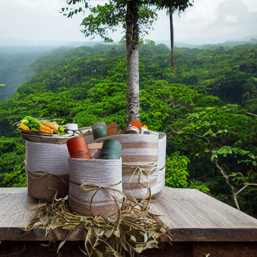 A gift hamper on a ledge overlooking the Amazon forests. Nikon D850. High quality product photograph 