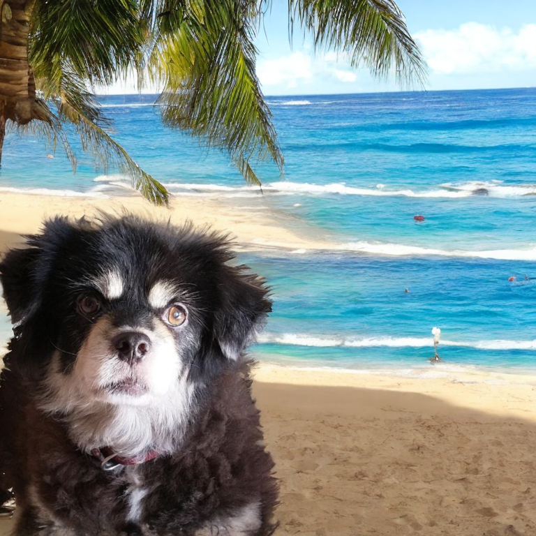 Dog enjoying a beach vacation in Hawaii, palm trees and ocean in the background