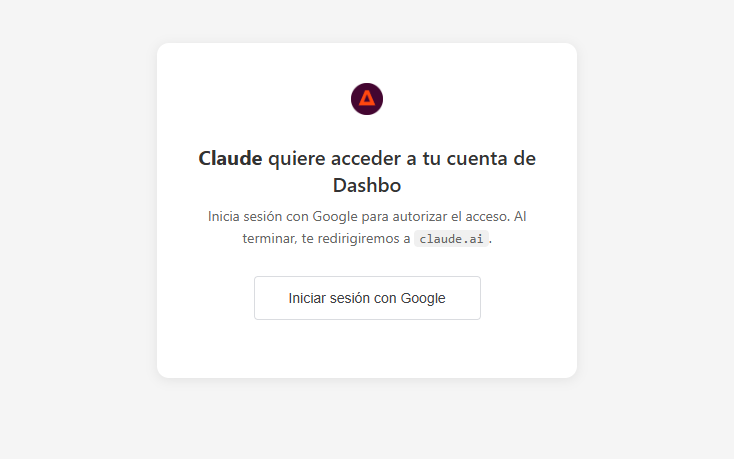 Pantalla de Dashbo que dice Claude quiere acceder a tu cuenta de Dashbo, con el botón para iniciar sesión con Google