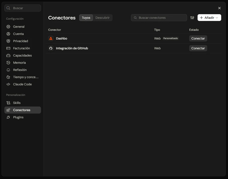 Lista de conectores de Claude con Dashbo añadido y el botón Conectar a su derecha