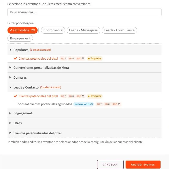 La sección «Eventos personalizados del píxel» se despliega al final de la lista: explica que Meta los envía sumados y muestra el renglón «todos juntos» con sus contadores.
