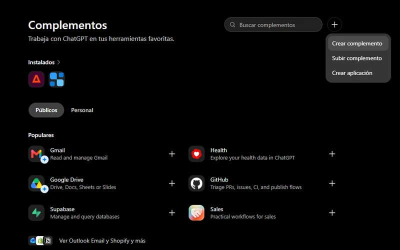 El botón + de Complementos abre un menú: clic en Crear aplicación, y en la ventana Nuevo complemento, clic en Crear aplicación MCP
