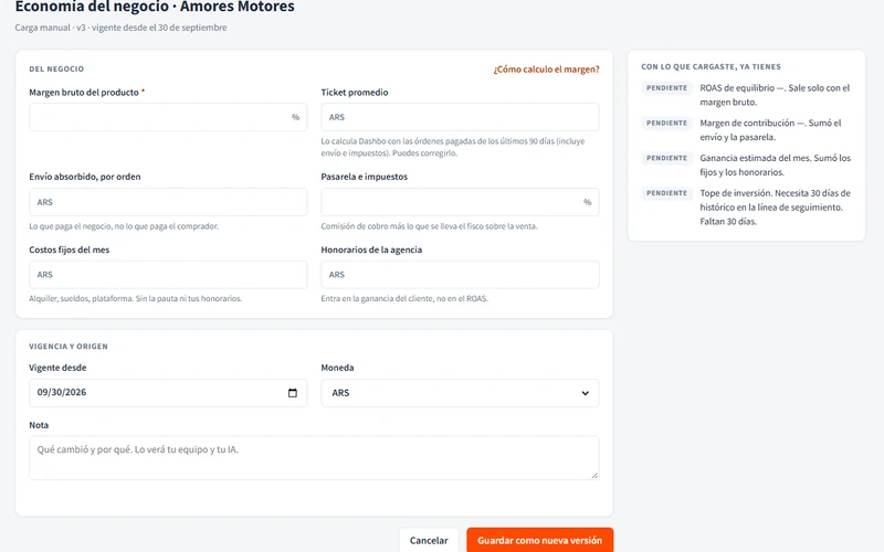 Carga del margen, el ticket, el envío y la pasarela: el panel lateral marca como listos el ROAS de equilibrio y el margen de contribución