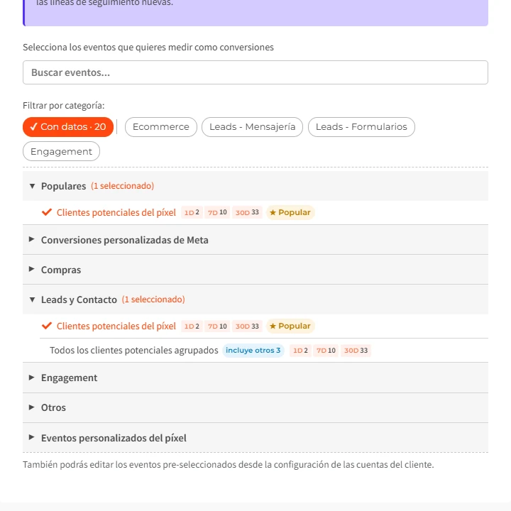Al quitar el filtro «Con datos» la lista muestra todos los eventos, incluidos los que no ocurrieron en la cuenta; con el filtro puesto quedan solo los que tienen actividad.