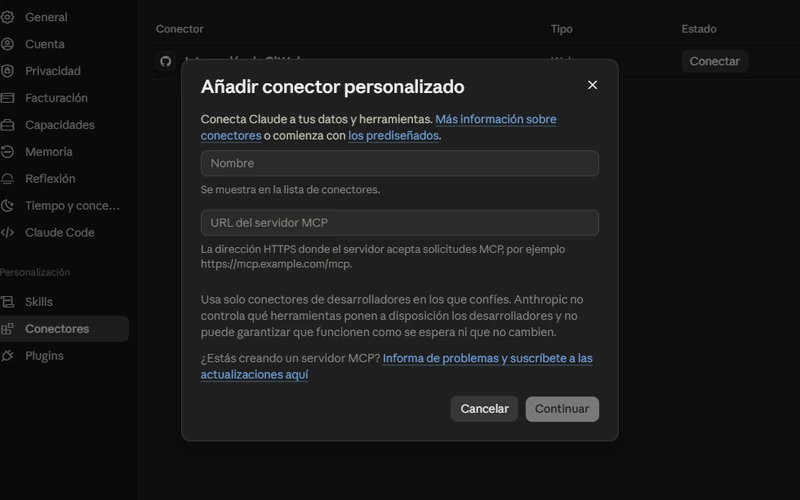 Ventana Añadir conector personalizado de Claude, con el nombre Dashbo, la URL del servidor MCP https://mcp.dashbo.io/mcp y el botón Continuar